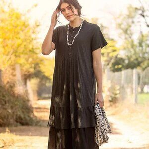 Gudrun Sjoden NWT Charcoal Gray jersey knit shirt dress with buttons ruffle Sz S